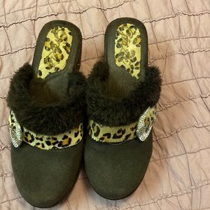 Brown suede with cheetah strap with buckle clogsVolatile brand